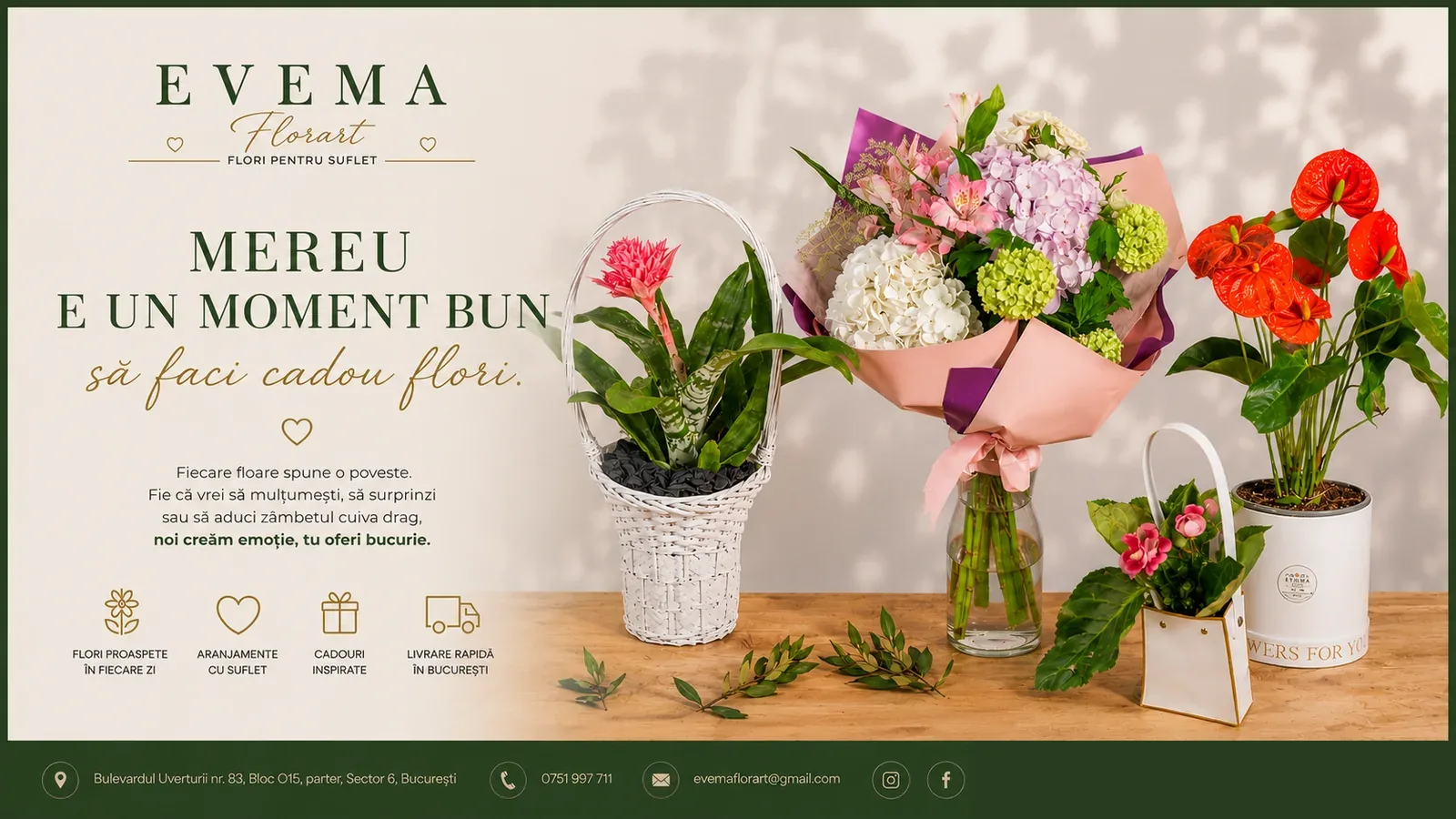 EVEMA Florart — mereu e un moment bun să faci cadou flori. Flori proaspete în fiecare zi, livrare rapidă în București.