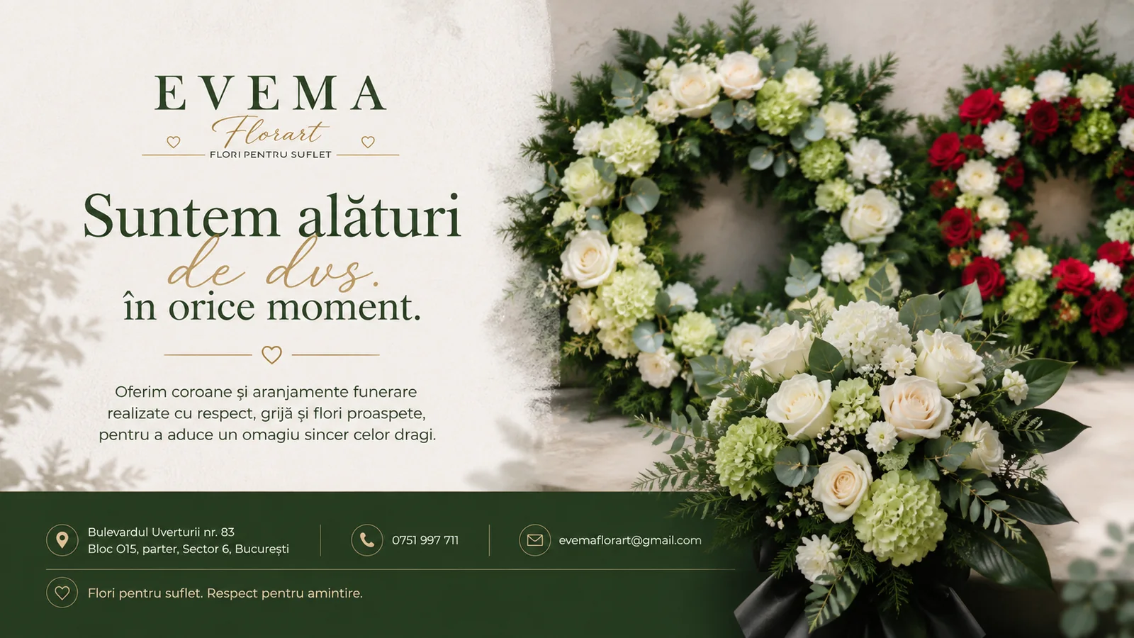 EVEMA Florart — suntem alături de dvs. în orice moment: coroane și aranjamente funerare realizate cu respect.