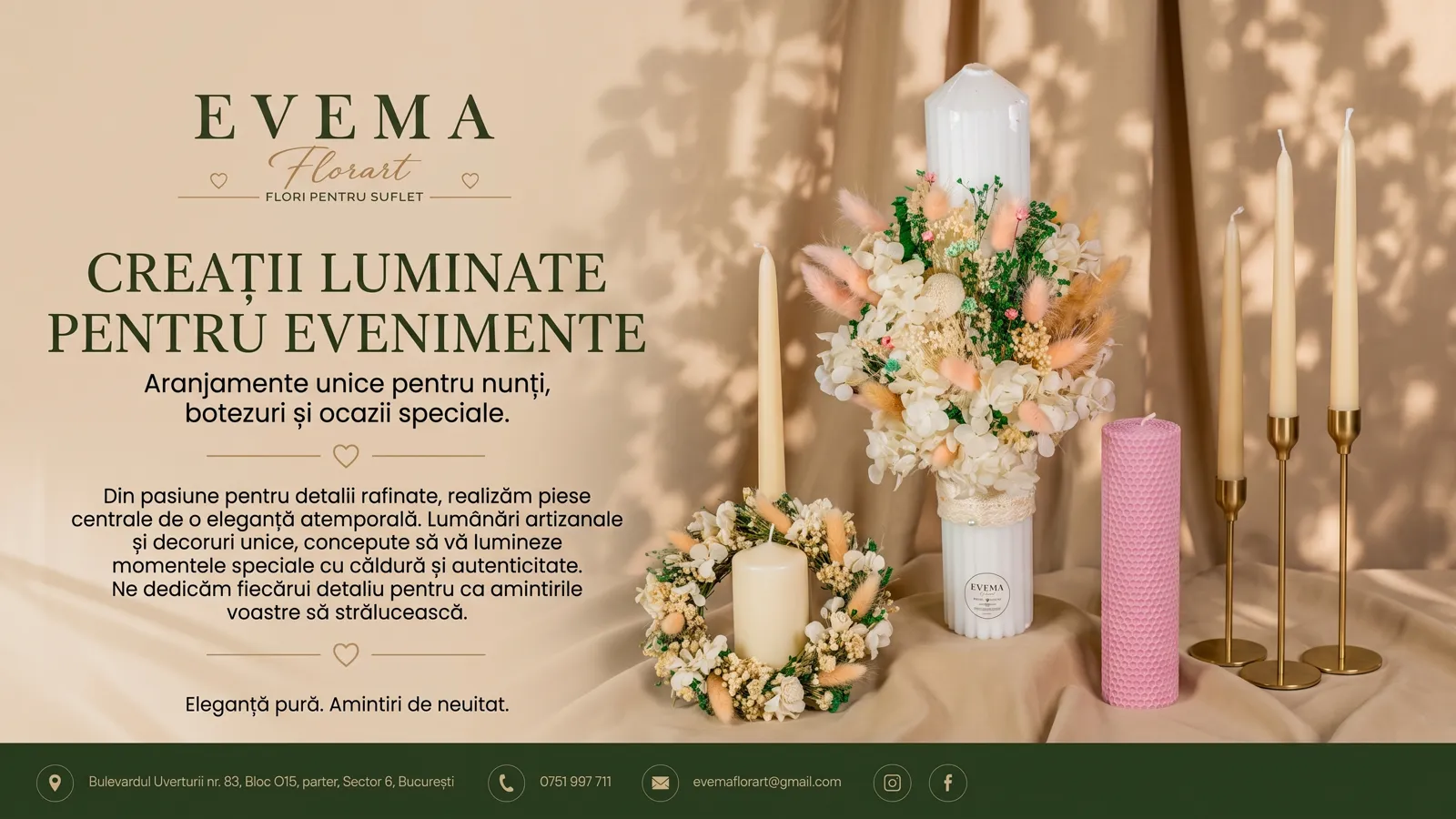 EVEMA Florart — creații luminate pentru evenimente: lumânări artizanale și decoruri unice pentru nunți, botezuri și ocazii speciale.