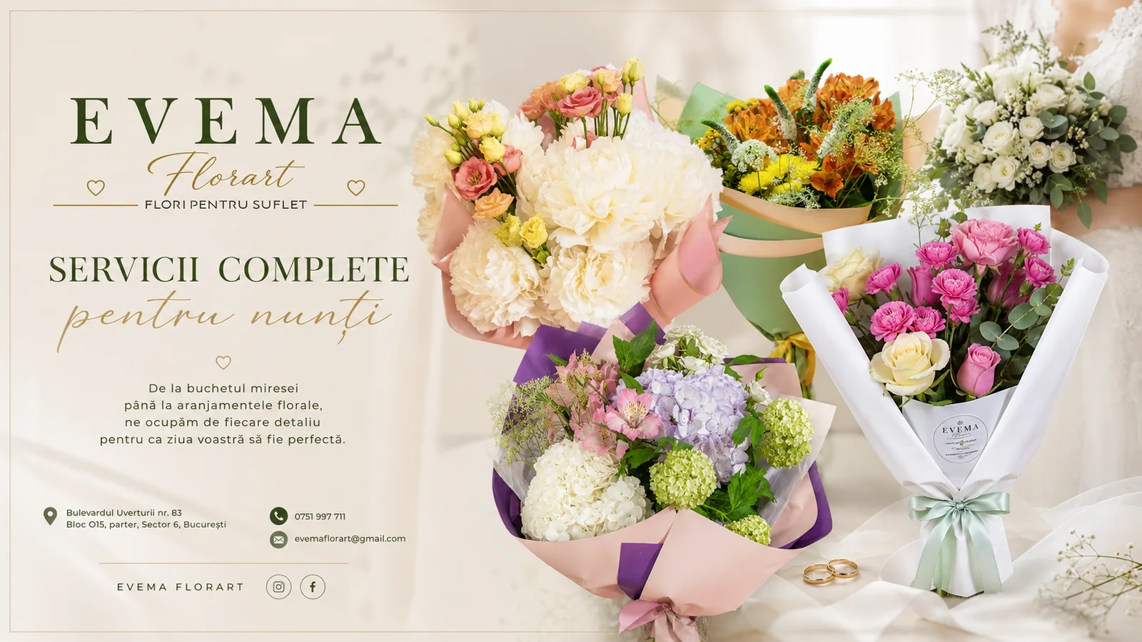 EVEMA Florart — servicii complete pentru nunți: de la buchetul miresei până la aranjamentele florale.