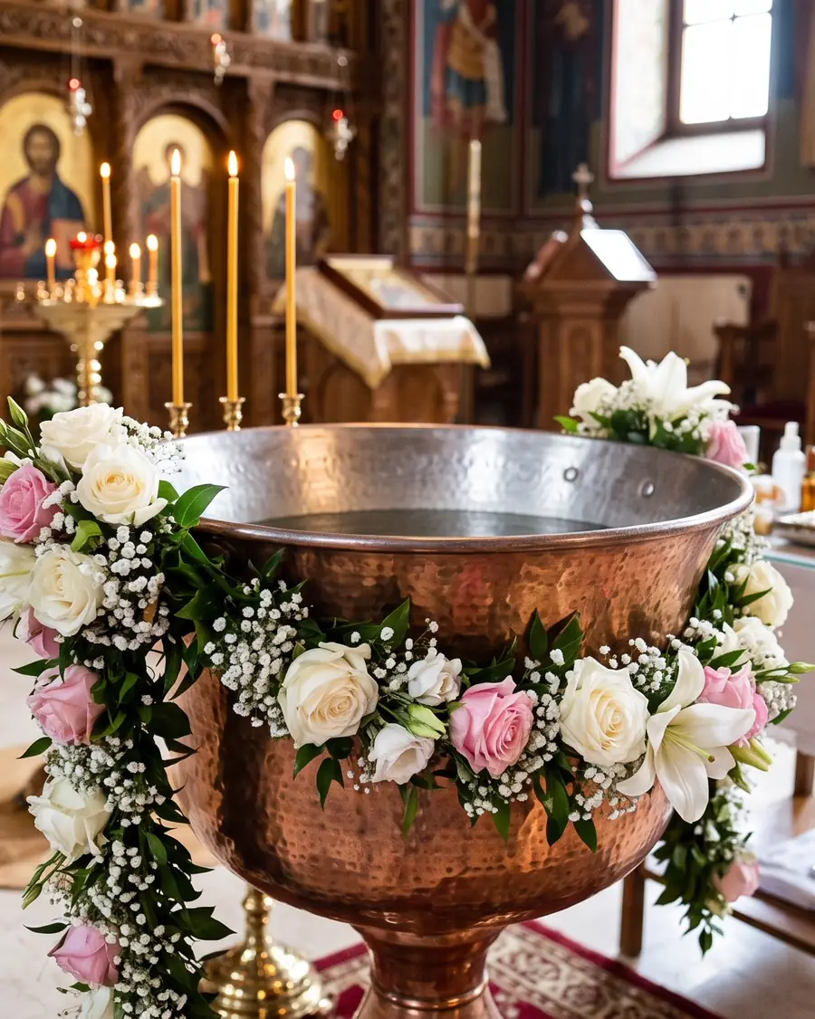 Cristelniță de botez împodobită cu ghirlandă de trandafiri albi și roz, crini și floarea-miresei, într-o biserică